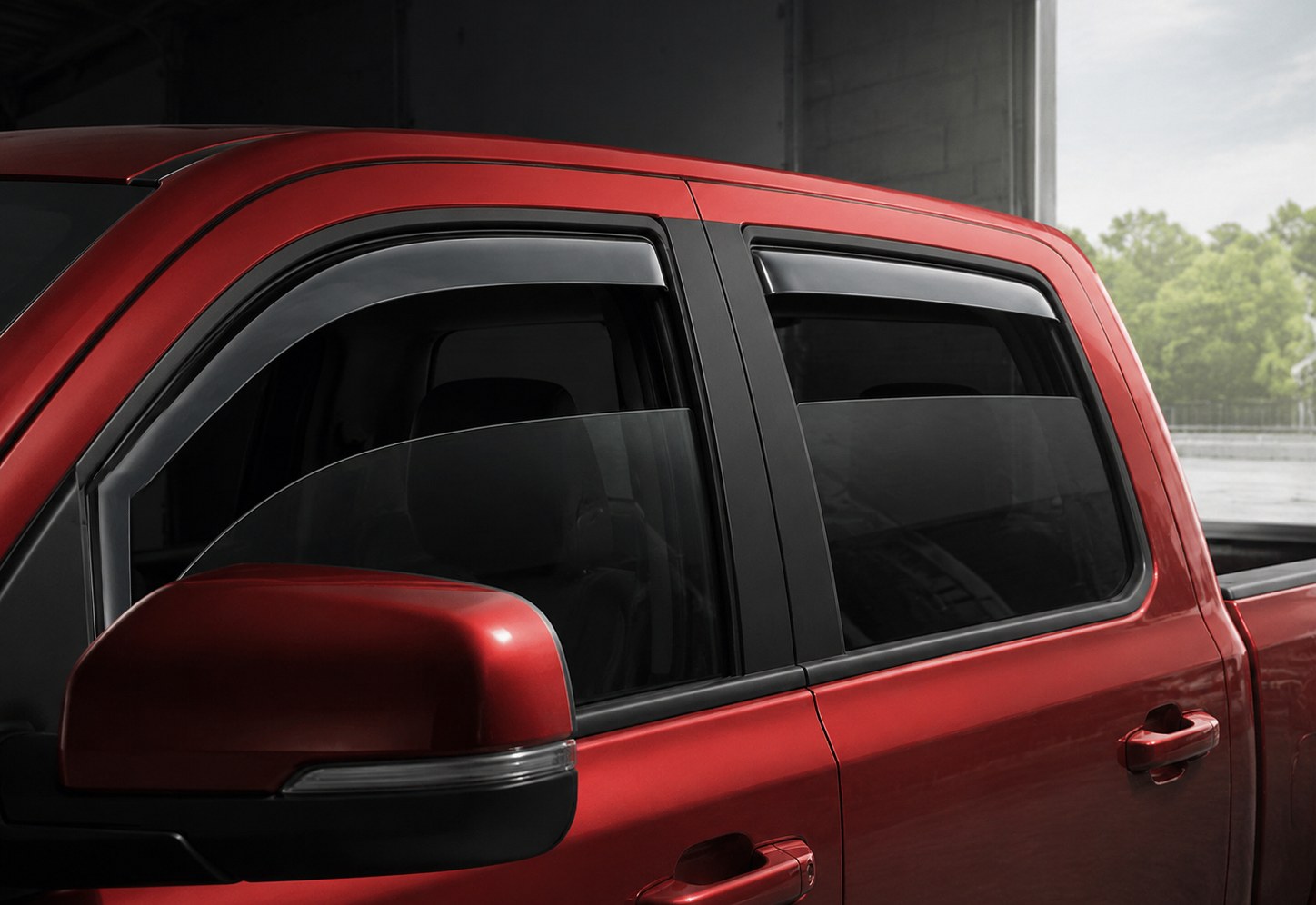 In-Channel window deflector installed on a pickup truck