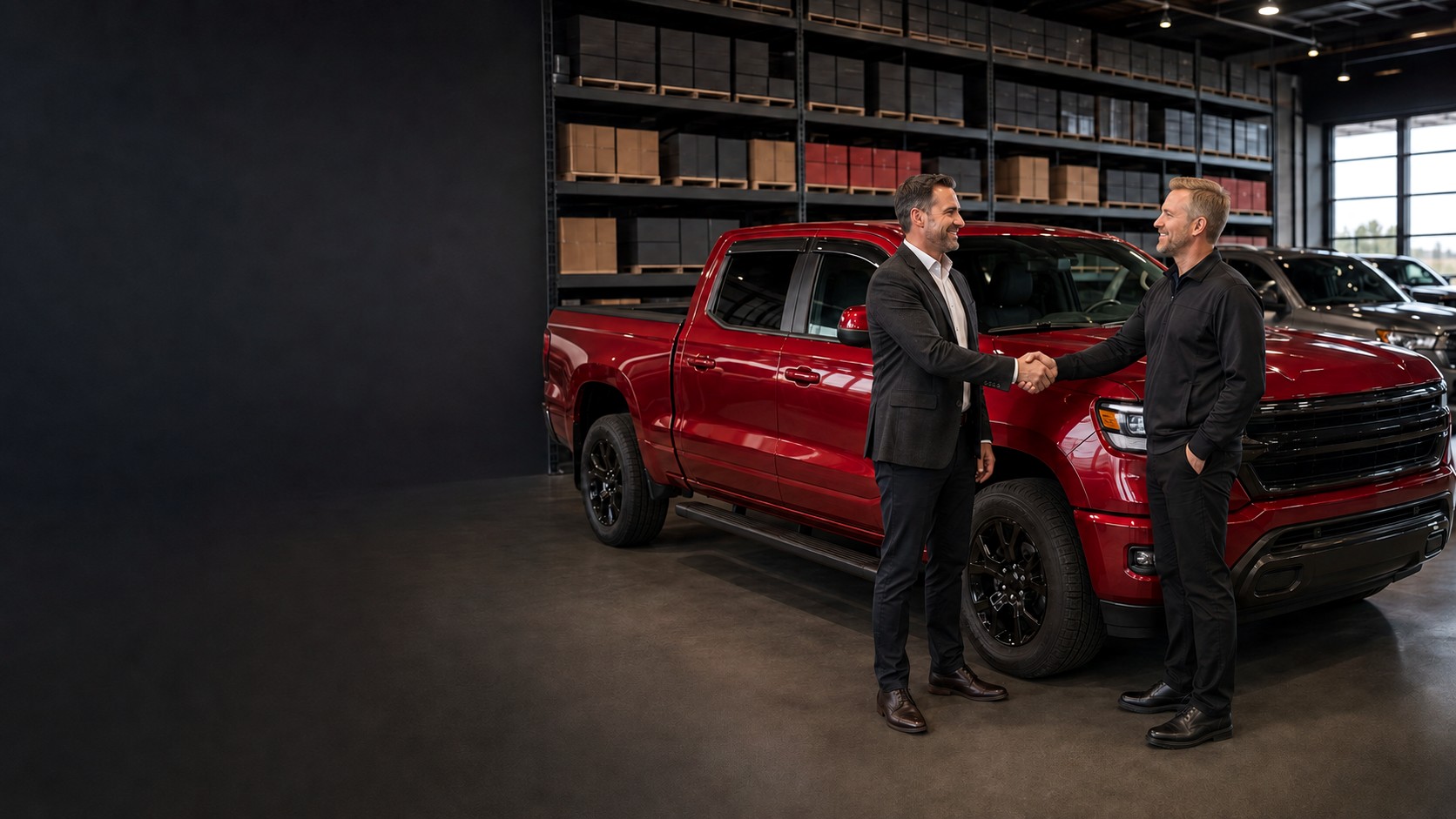 A Voron Glass representative shaking hands with a dealer in a truck showroom