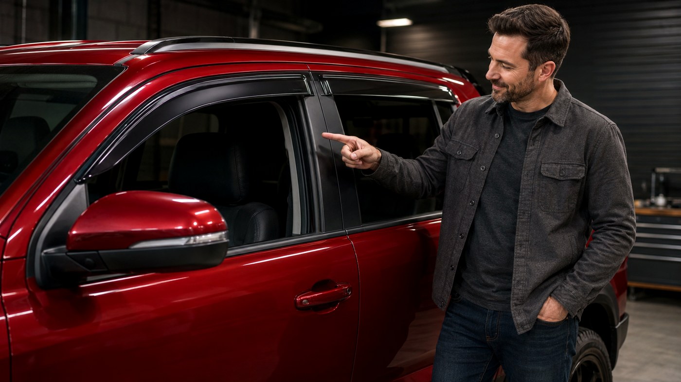 A dealer pointing out the fit of a Voron Glass window deflector on a customer’s SUV