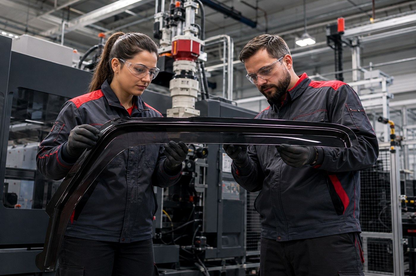 Engineers inspecting a finished deflector for quality