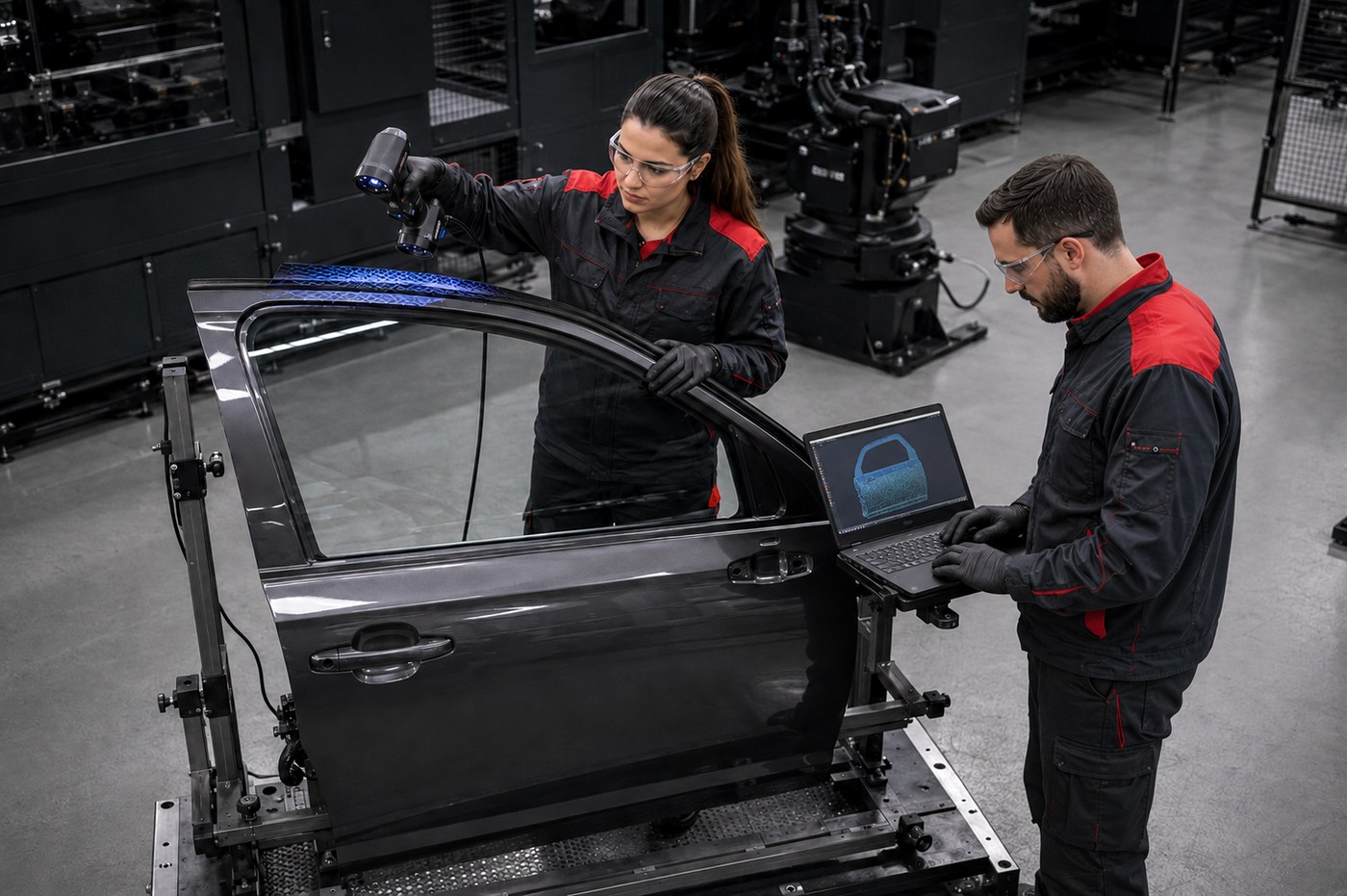 Engineer 3D-scanning a vehicle door to design a precise-fit deflector