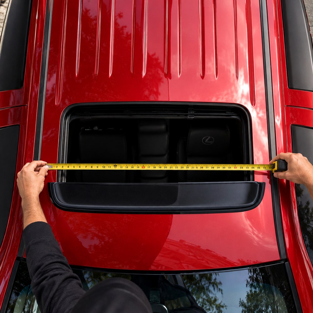 Measuring the sunroof opening with a tape measure to centre the deflector
